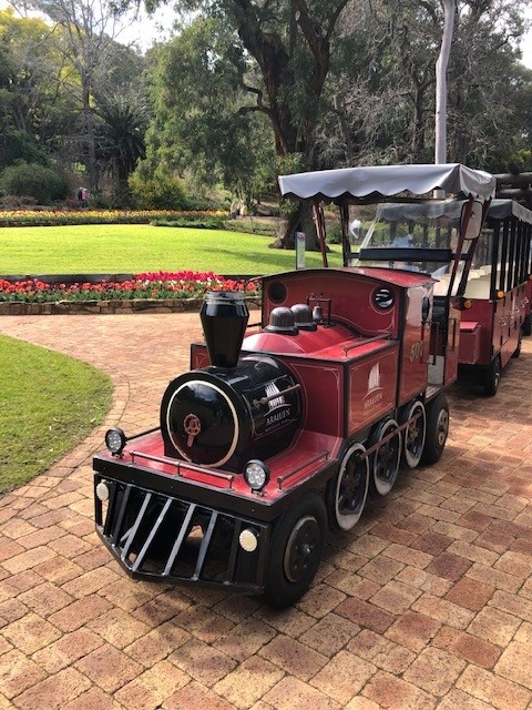 Araluen Botanical Park train which transported us through the park with Rhian and Deb