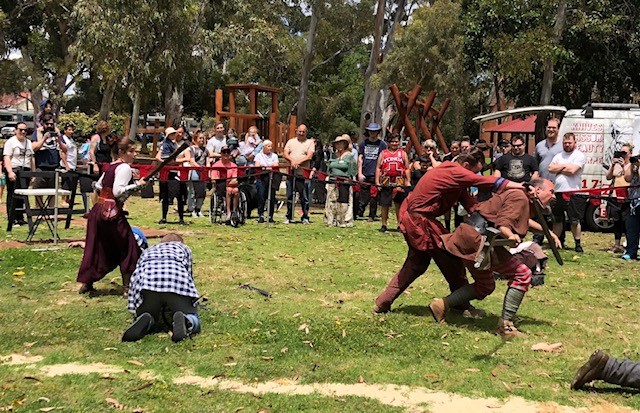 PIcture of a batlle scene at the Guildford Medieval festival.