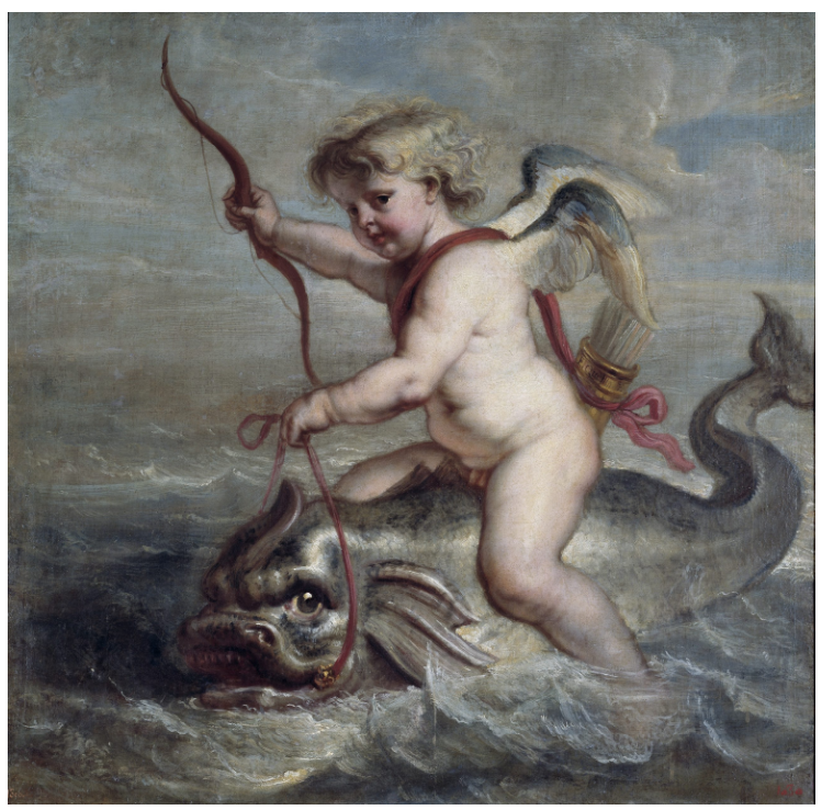 A picture of the Greek God Cupid riding a fish and holding a bow and arrows