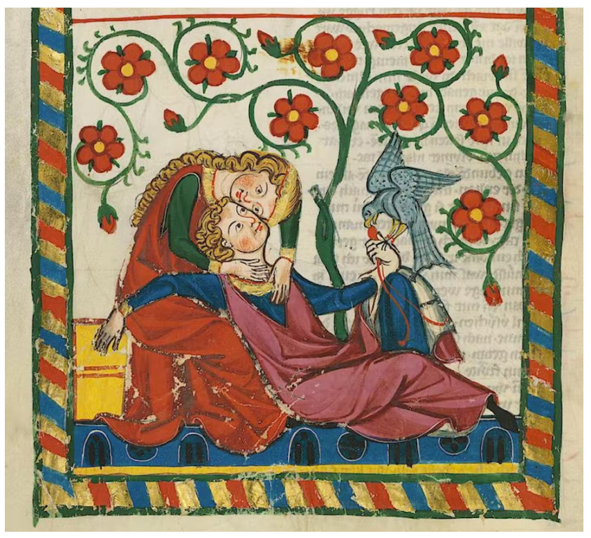 A picture of a medieval rug with 2 lovers hugging, holding a dove and a rose bush in the background.